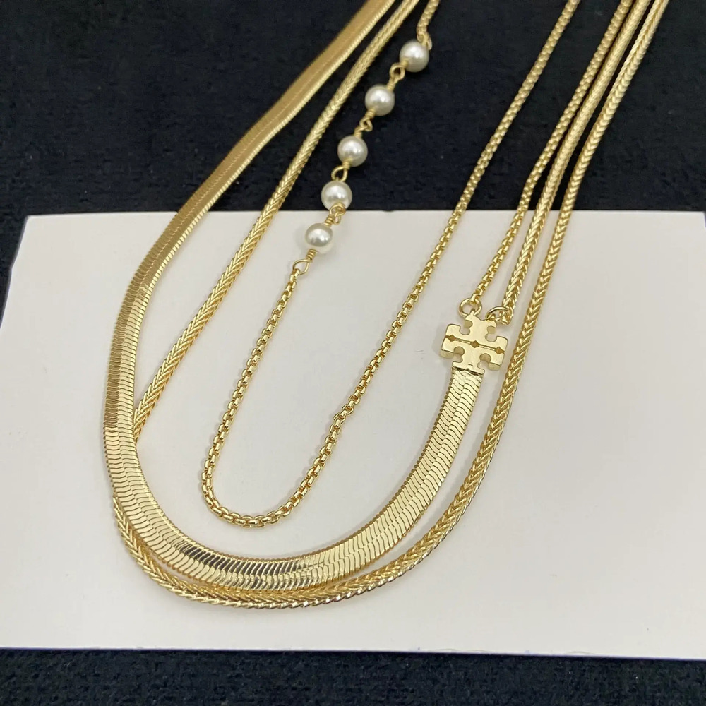 Tory Burch Pearl Three Strand Asymmetric Snake Chain Necklace